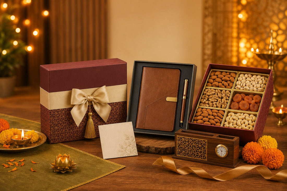 Corporate Diwali gift boxes, diary set and dry-fruit hamper arranged for employee and client gifting