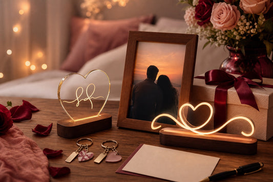 Personalized anniversary gifts with couple photo frame, heart lamps, keychains and gift box