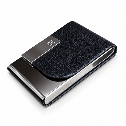 Personalized Luxury Black Textured PU Leather & Chrome Business Card Holder – Premium Stainless Steel Visiting Card Case with Stylish Metal Accent | Customized Executive Corporate Gift - M9111