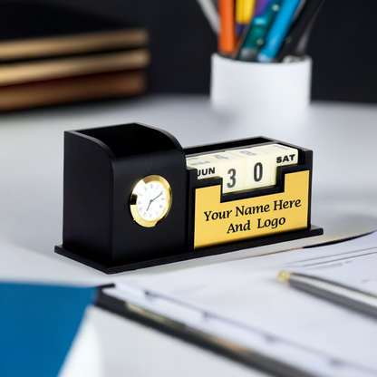 Personalized Wooden Desk Nameplate with Organizer – Black & Gold | Custom Office Table Nameplate with Calendar, Watch, Pen & Phone Holder (M11216)