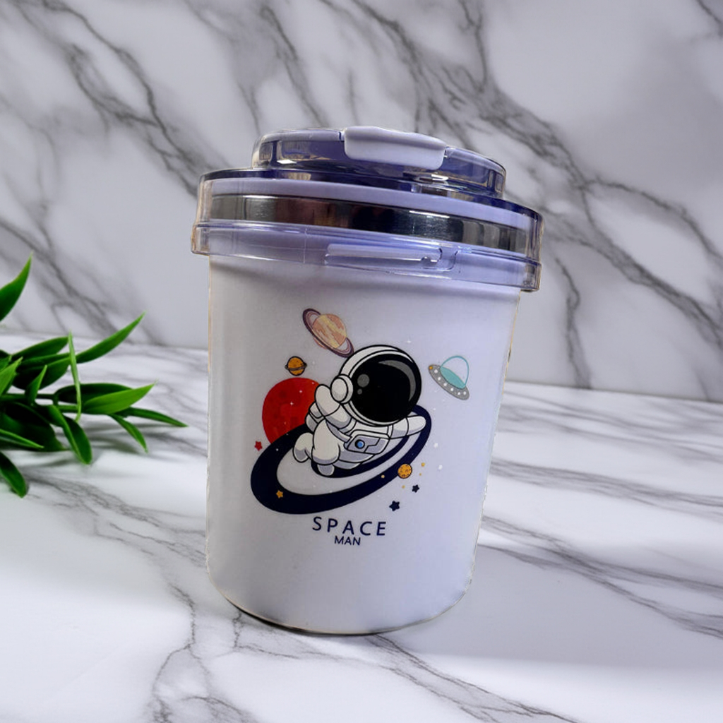 Custom Engraving Sealed Cup Water Bottle for Kids - 530ml Stainless Steel Sipper With Straw & Spoon