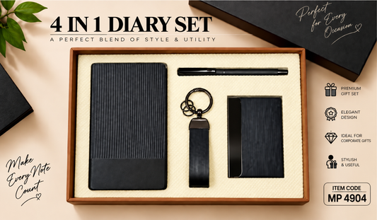 Personalized 4-in-1 Premium Diary Gift Set with Executive Pen, Card Holder & Metal Keychain | Customized Corporate Gift for Employees, Clients & Professionals – MP4904