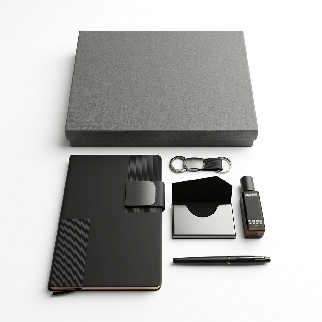 Personalized Black 5-in-1 Premium Executive Corporate Gift Set with Customized Diary, Metal Pen, Card Holder, Keychain & Pocket Perfume | Gift for Employees, Clients, Executives, Welcome Kits, Corporate Events, Diwali & Bulk Gifting – MP5502