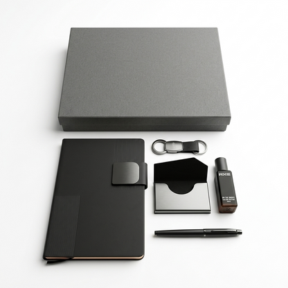 Personalized Black 5-in-1 Premium Executive Corporate Gift Set with Customized Diary, Metal Pen, Card Holder, Keychain & Pocket Perfume | Gift for Employees, Clients, Executives, Welcome Kits, Corporate Events, Diwali & Bulk Gifting – MP5502