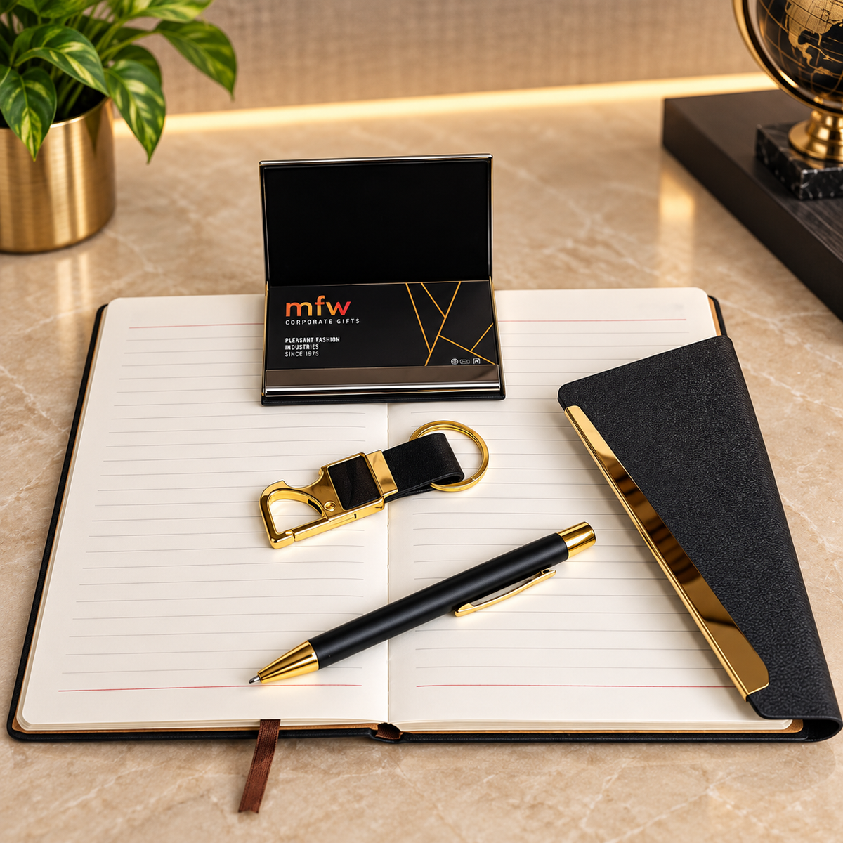 Personalized Black & Gold 4-in-1 Luxury Corporate Gift Set with Premium Diary, Metal Pen, Card Holder & Keychain | Customized Executive Gifts for Employees, Clients, Welcome Kits, Conferences, Corporate Events & Bulk Gifting – MD780