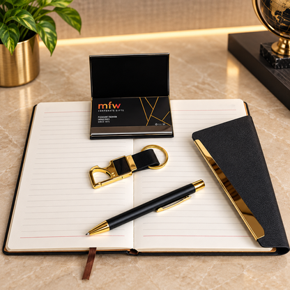 Personalized Black & Gold 4-in-1 Luxury Corporate Gift Set with Premium Diary, Metal Pen, Card Holder & Keychain | Customized Executive Gifts for Employees, Clients, Welcome Kits, Conferences, Corporate Events & Bulk Gifting – MD780
