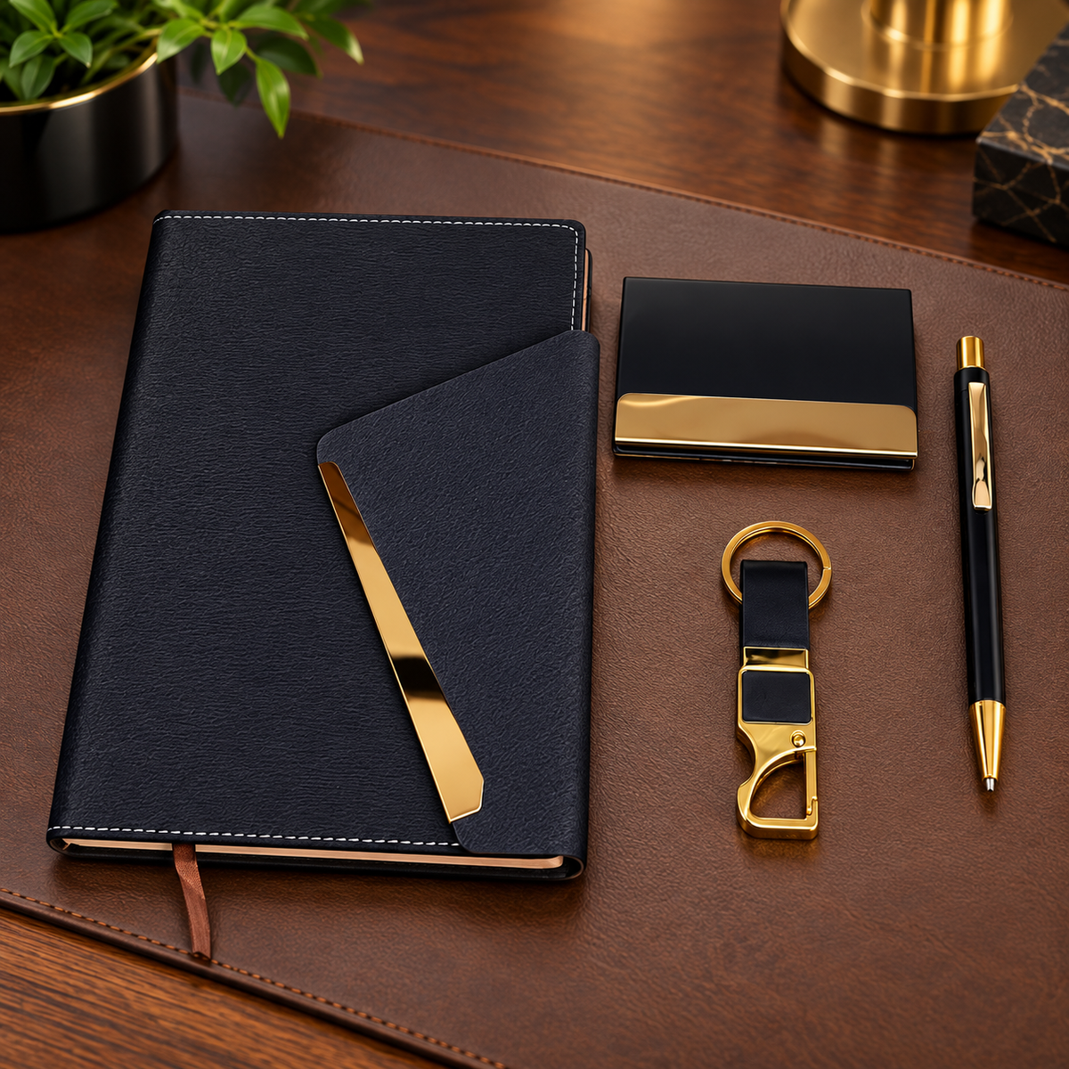 Personalized Black & Gold 4-in-1 Luxury Corporate Gift Set with Premium Diary, Metal Pen, Card Holder & Keychain | Customized Executive Gifts for Employees, Clients, Welcome Kits, Conferences, Corporate Events & Bulk Gifting – MD780