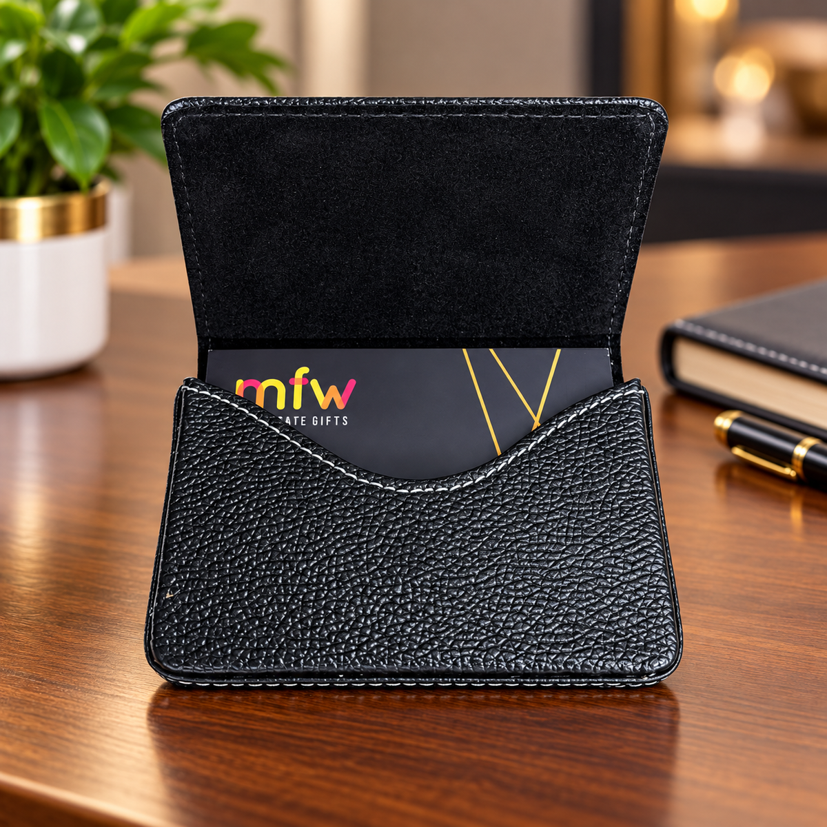 Personalized Premium Black Textured PU Leather Business Card Holder – Elegant Flip-Open Visiting Card Case with Custom Name & Logo | Luxury Corporate Gift - M8902