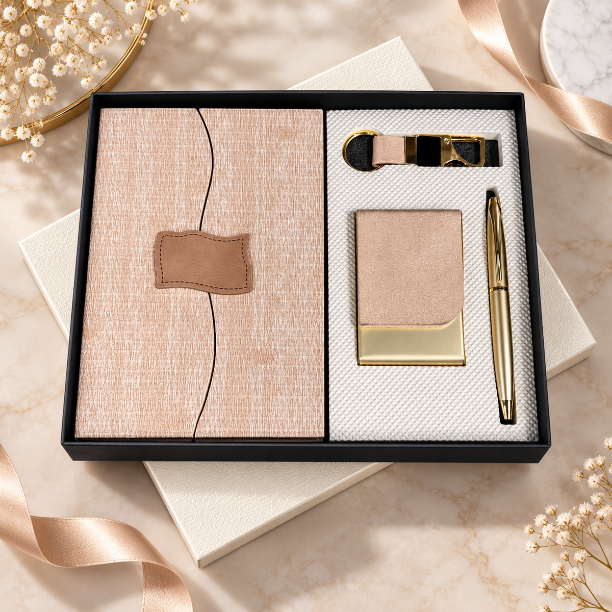 Luxury Rose Gold 4-in-1 Corporate Gift Set with Diary, Pen, Card Holder & Keychain | Personalized Executive Gift Collection - MD740