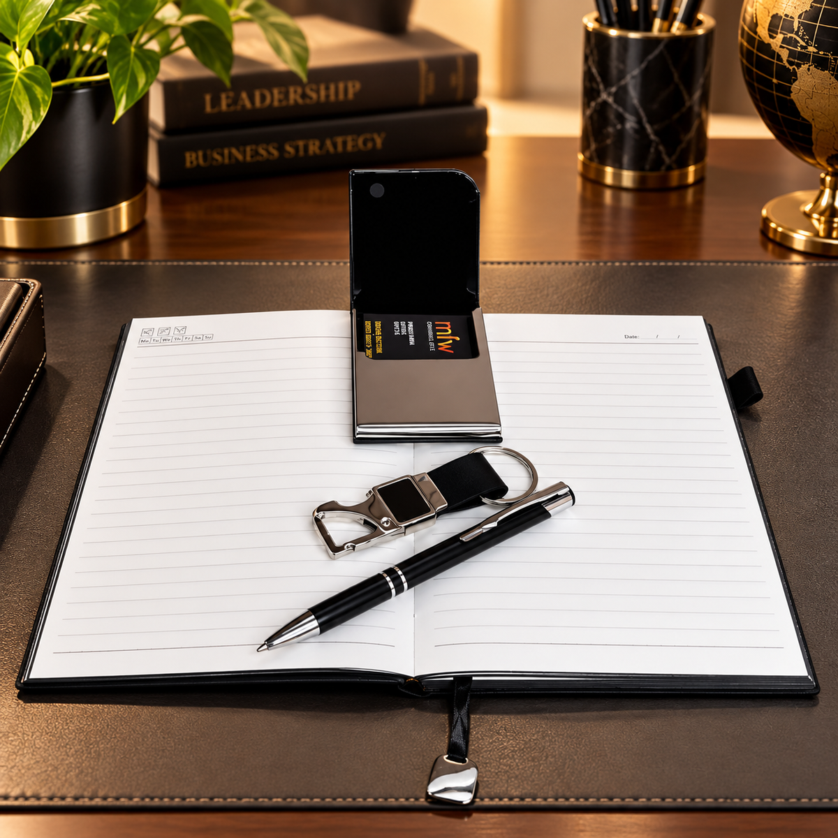 Personalized Black 4-in-1 Premium Executive Corporate Gift Set with Luxury Diary, Metal Pen, Business Card Holder & Keychain | Customized Business Gifts for Employees, Clients, Managers, Welcome Kits, Corporate Events & Bulk Gifting – MD160