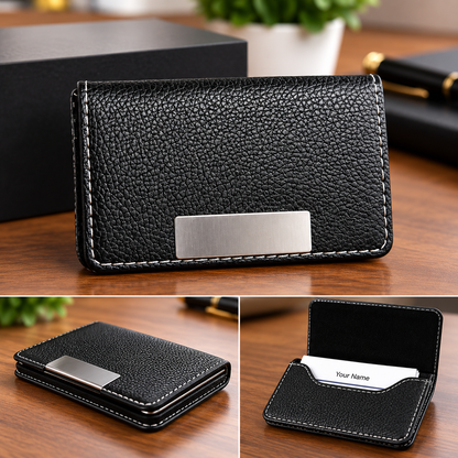 Personalized Premium Black Textured PU Leather Business Card Holder – Elegant Flip-Open Visiting Card Case with Custom Name & Logo | Luxury Corporate Gift - M8902
