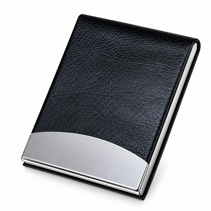 Personalized Premium Textured PU Leather & Stainless Steel Business Card Holder – Luxury Visiting Card Case with Elegant Brushed Silver Metal Accent | Customized Executive Corporate Gift - M1119