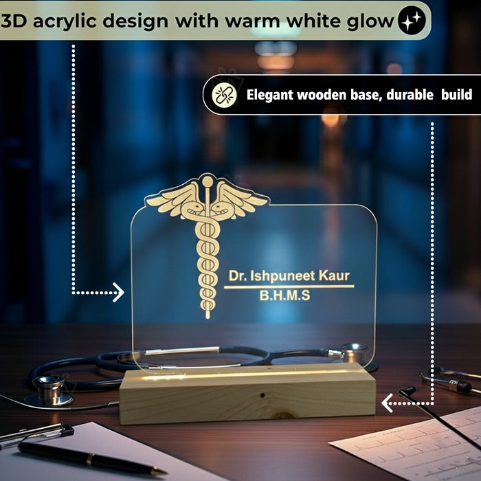 Personalized Doctor Name LED Desk Lamp | 3D Illusion Acrylic Name Plate with Medical Symbol for Clinic, Doctor Cabin Décor & Gifts
