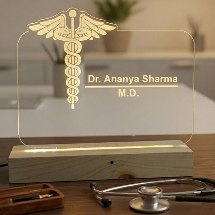 Personalized Doctor Name LED Desk Lamp | 3D Illusion Acrylic Name Plate with Medical Symbol for Clinic, Doctor Cabin Décor & Gifts