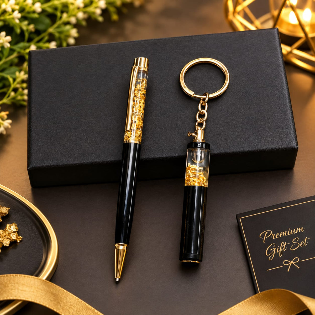 Personalized Black Golden Zari Pen and Keyring Combo - Mio Lusso Set