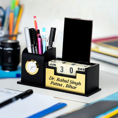 Personalized Wooden Desk Nameplate with Organizer – Black & Gold | Custom Office Table Nameplate with Calendar, Watch, Pen & Phone Holder (M11216)