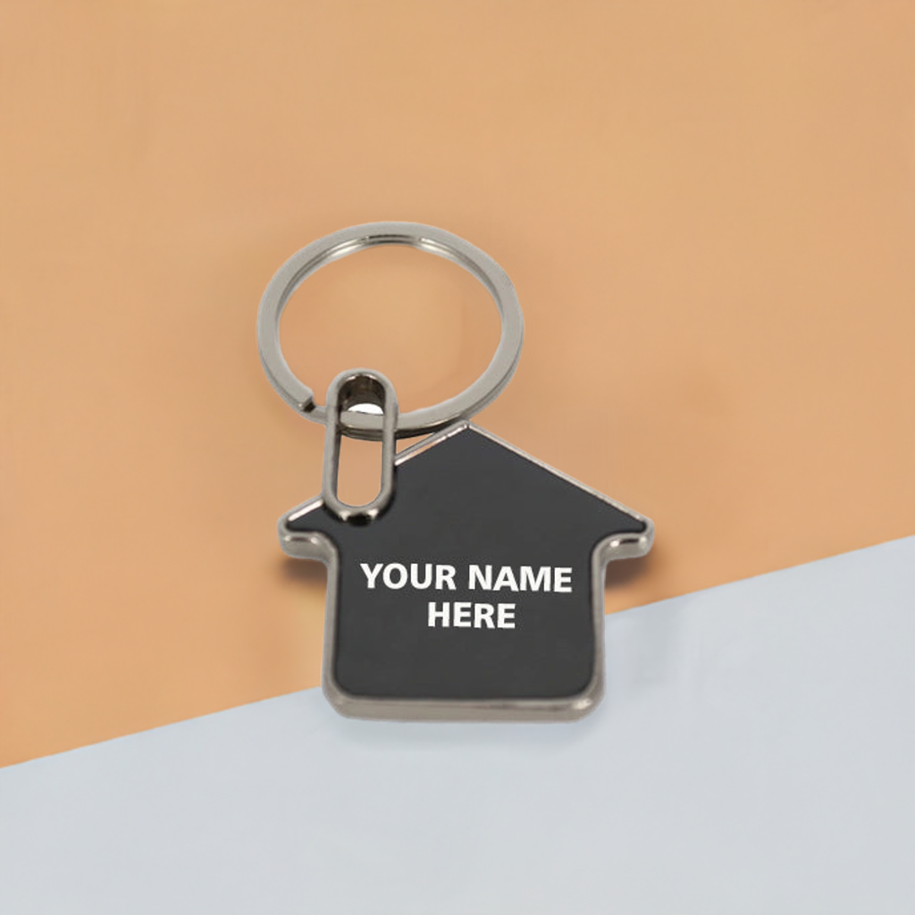 Personalized Home-Shaped Metal Keychain – Black Finish, Dual-Side Laser Engraved | M570 (Pack of 1)