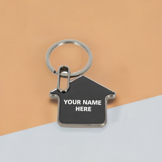 Personalized Home-Shaped Metal Keychain – Black Finish, Dual-Side Laser Engraved | M570 (Pack of 1)