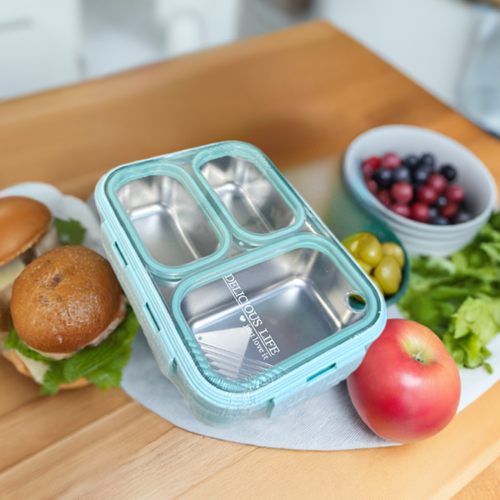 Personalized Stainless Steel 3-Compartment Bento Lunch Box with Name Engraving (7097)