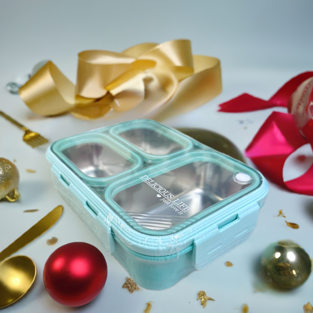 Personalized Stainless Steel 3-Compartment Bento Lunch Box with Name Engraving (7097)