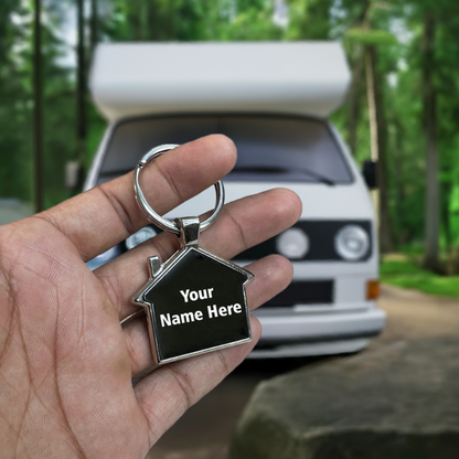 Personalized Home-Shaped Metal Keychain – Black Finish, Dual-Side Laser Engraved | MJ126 (Pack of 1)