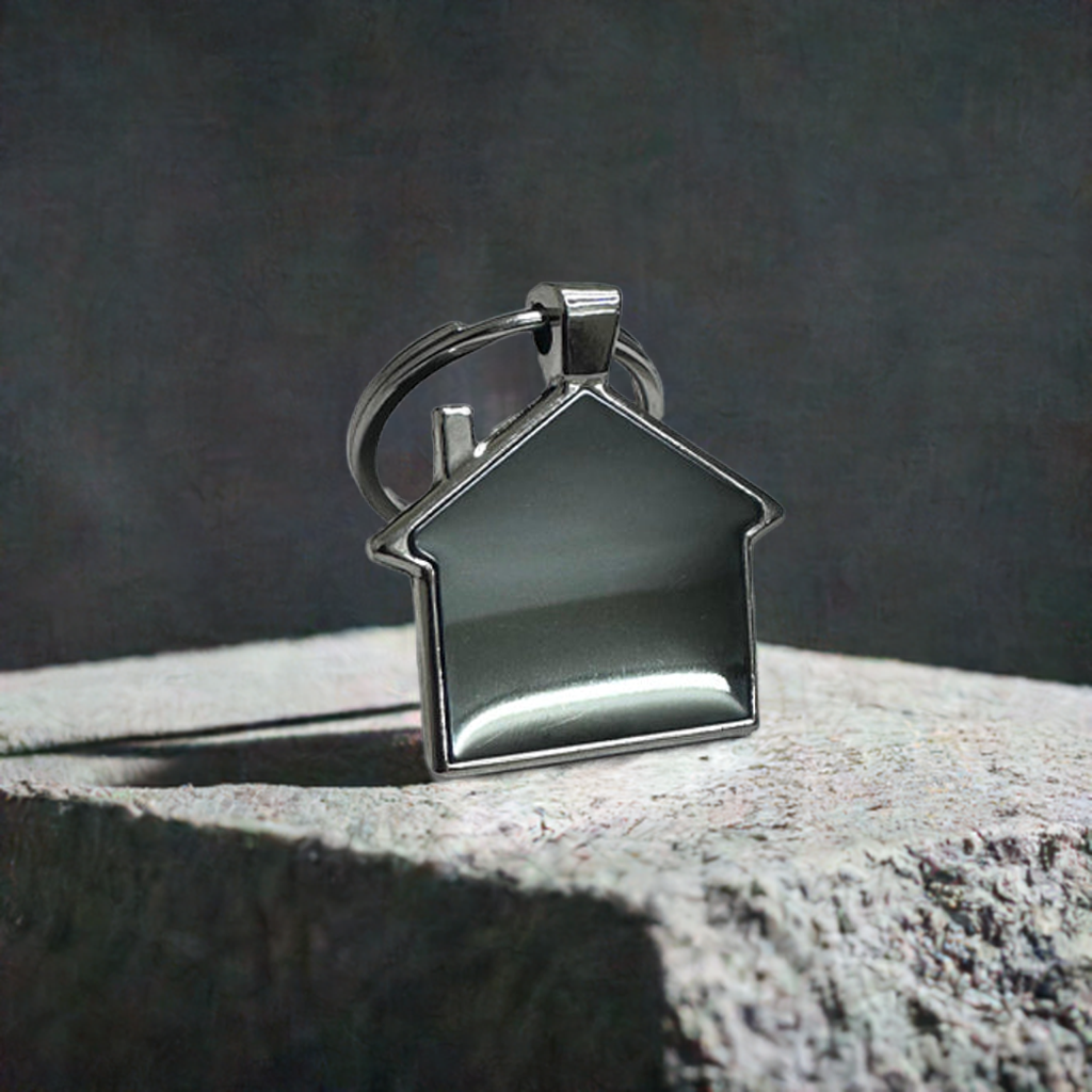 Personalized Home-Shaped Metal Keychain – Black Finish, Dual-Side Laser Engraved | MJ126 (Pack of 1)