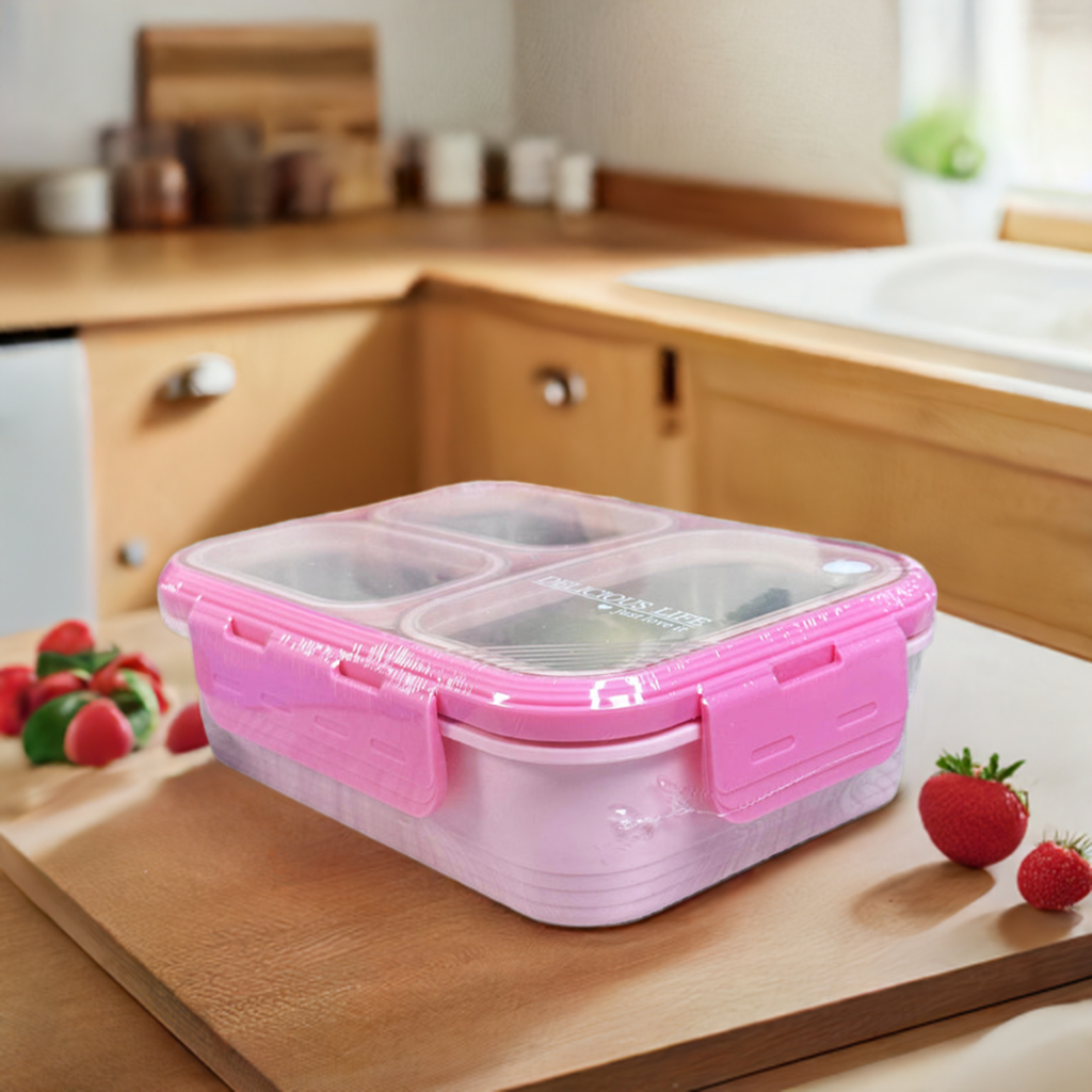 Personalized Stainless Steel Tiffin Lunch Box – 3 Compartment Bento Box with Name Engraving (Pink)