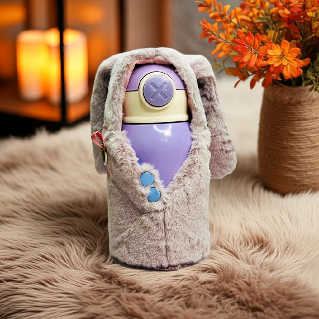 Personalized 470ml Teddy Fur Cover Insulated Stainless Steel Bottle – Cute Sipper M1059