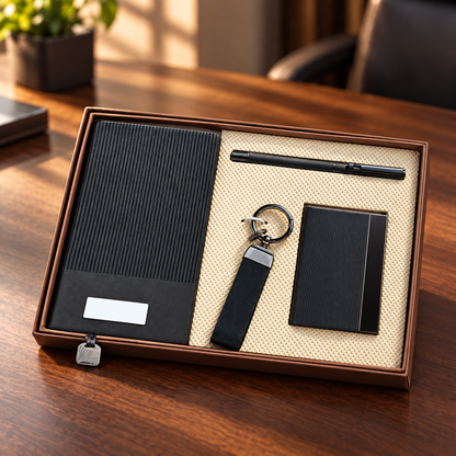 MP4904 4-in-1 corporate diary gift set open box on office desk