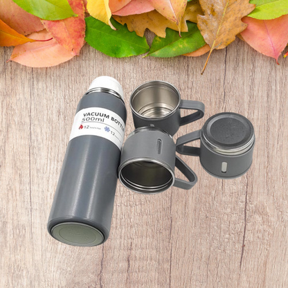 Customized 500ml Vacuum Flask Set Grey - One Bottle, Three Mugs (M409)