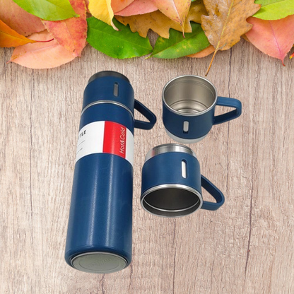 Customized 500ml Vacuum Flask Set Blue - One Bottle, Three Mugs (M409)