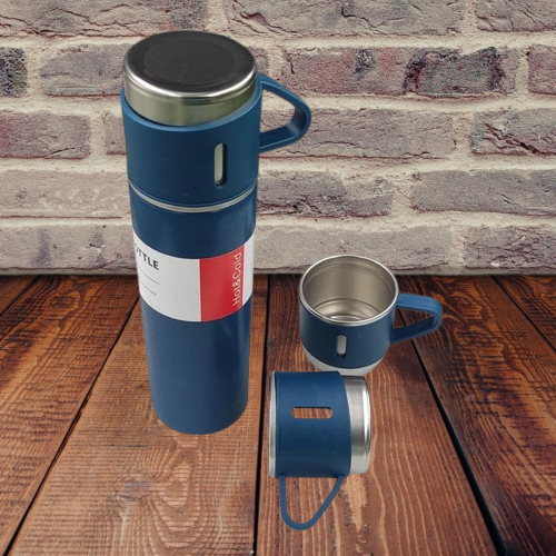 Customized 500ml Vacuum Flask Set Blue - One Bottle, Three Mugs (M409)