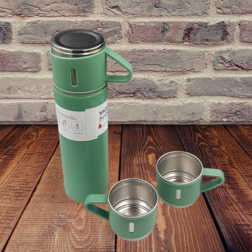 Customized 500ml Vacuum Flask Set Green - One Bottle, Three Mugs (M409)