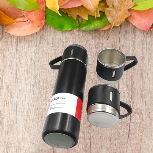 Customized 500ml Vacuum Flask Set Black - One Bottle, Three Mugs (M409)