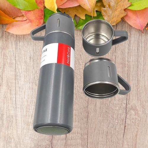 Customized 500ml Vacuum Flask Set Grey - One Bottle, Three Mugs (M409)