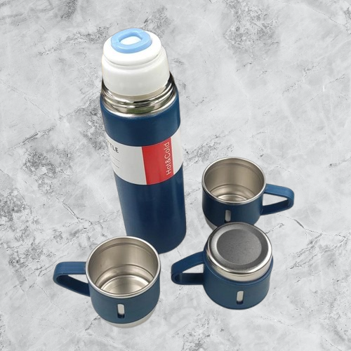 Customized 500ml Vacuum Flask Set Blue - One Bottle, Three Mugs (M409)