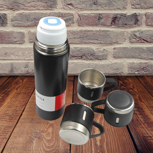 Customized 500ml Vacuum Flask Set Black - One Bottle, Three Mugs (M409)