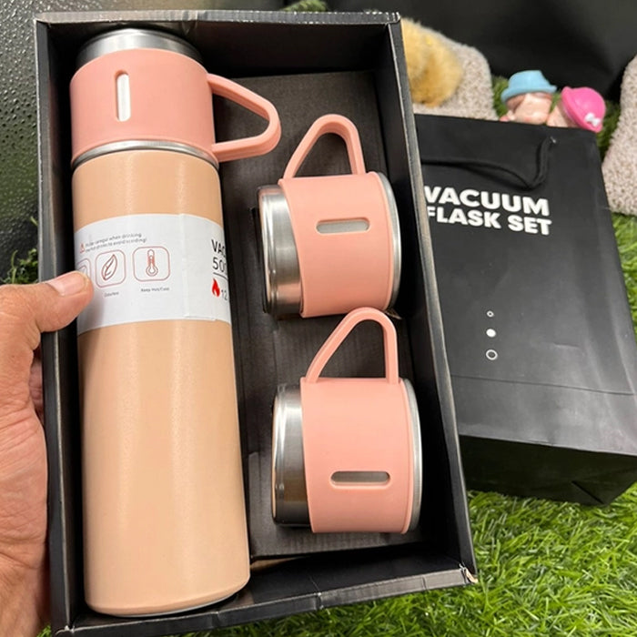 Customized 500ml Vacuum Flask Set Pink - One Bottle, Three Mugs (M409)