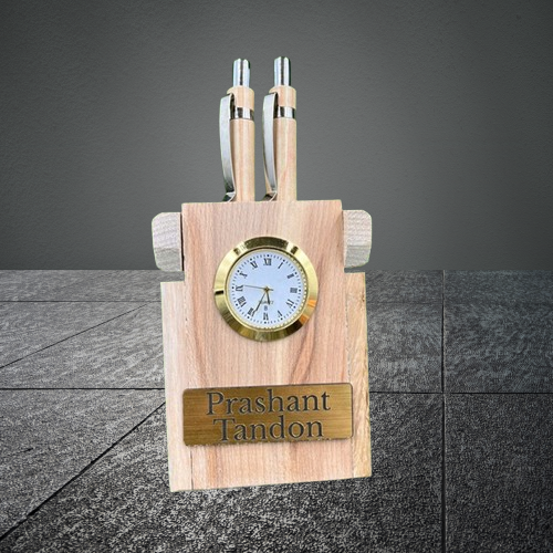 Dual Pen Stand Wooden With Clock With Personalized Acrylic Name Plate