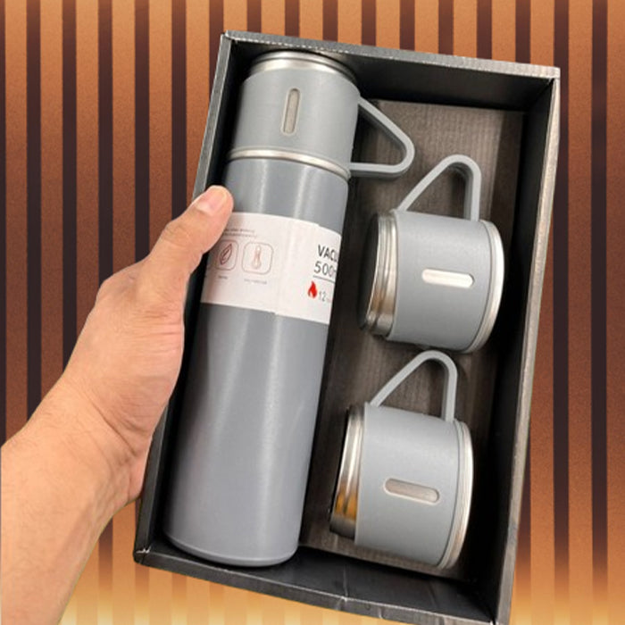 Customized 500ml Vacuum Flask Set Grey - One Bottle, Three Mugs (M409)