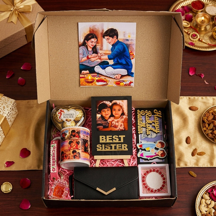 Personalized Raksha Bandhan Hamper for Sister with Customized Rakhi Gift Box, Premium Festive Gifts, and Sweet Surprise R003