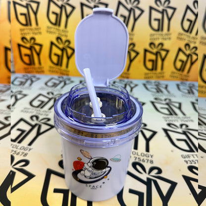Custom Engraving Sealed Cup Water Bottle for Kids - 530ml Stainless Steel Sipper With Straw & Spoon