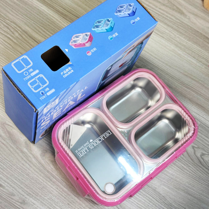 Personalized Stainless Steel Tiffin Lunch Box – 3 Compartment Bento Box with Name Engraving (Pink)