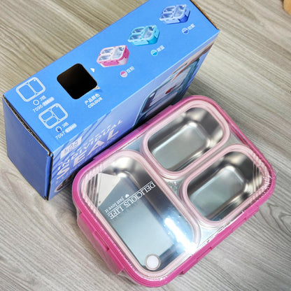 Personalized Stainless Steel Tiffin Lunch Box – 3 Compartment Bento Box with Name Engraving (Pink)