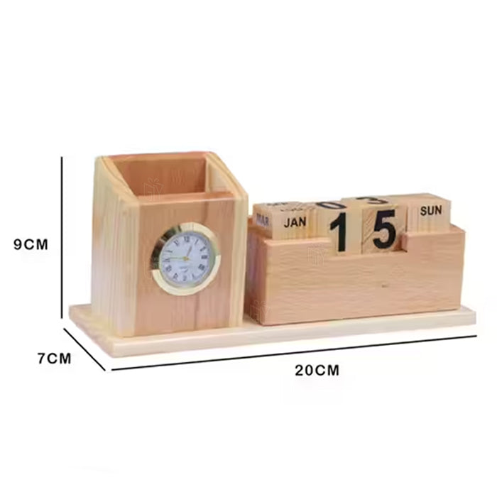 Premium Wooden Desk Organizer with Clock, Calendar, Mobile Stand & Business Card Holder | Pen, Pencil & Stationery Stand for Office Desk & Study Table