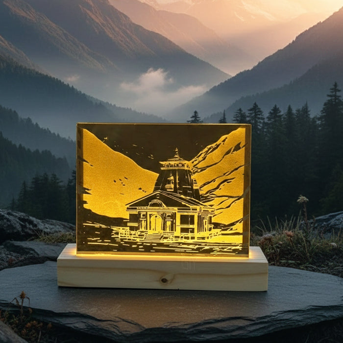 Shree Kedarnath Mandir Golden Acrylic Temple with Wooden Frame & LED Light – Divine Spiritual Table Decor for Home, Office, Puja Room & Gifting