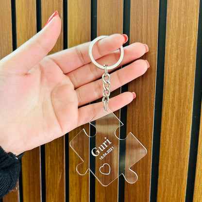Personalized Puzzle Couple Keychain Set – Transparent Acrylic Custom Name Key Chain | Romantic Gift for Husband, Wife, Boyfriend, Girlfriend, Anniversary & Valentine’s Day