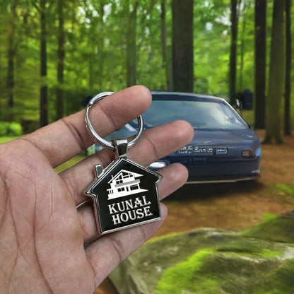 Personalized Home-Shaped Metal Keychain – Black Finish, Dual-Side Laser Engraved | MJ126 (Pack of 1)