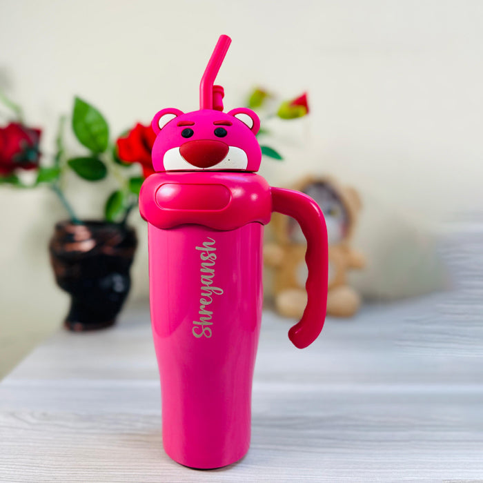 Personalized Cartoon-Themed Insulated Steel Bottle with Character Handle Cap