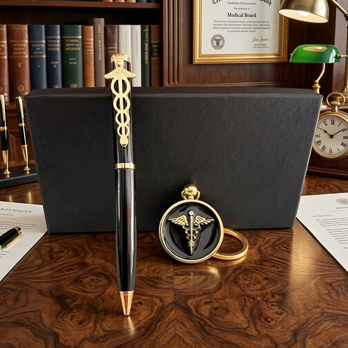 Personalized Doctor Gift Set with Customized Black & Gold Metal Ball Pen, Name Engraving & Caduceus Doctor Keychain | Premium Luxury Gift for MBBS Doctors, Physicians, Surgeons, Medical Students, Interns & Healthcare Professionals Gift